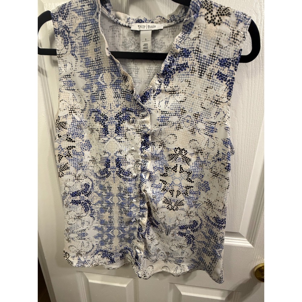 White House Black Market Blue Snakeskin Ruffle V-Neck Sleeveless Blouse Small - Picture 2 of 4